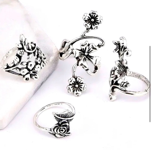 New 4Pcs Vintage Carved Rose Flower Leaf Knuckle Ring Set One Size - Picture 3 of 6